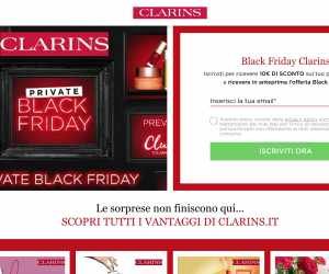 OFFERTA BLACK FRIDAY CLARINS CODICE SCONTO 10€ IN OMAGGIO, CAMPIONCINI GRATIS E CONSEGNA INCLUSA